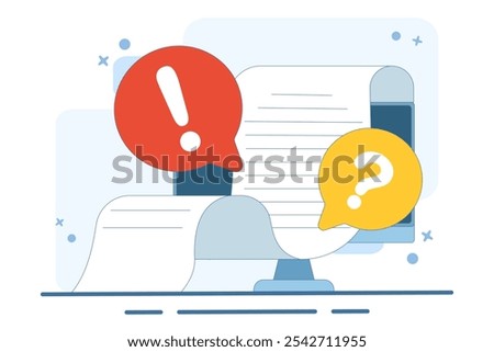 Concept Document file paper collaboration review comment. question mark and exclamation mark discussion about writing text content image clipart. illustration icon vector graphic flat.