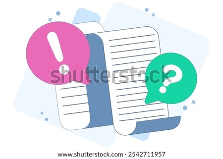 Concept Document file paper collaboration review comment. question mark and exclamation mark discussion about writing text content image clipart. illustration icon vector graphic flat.