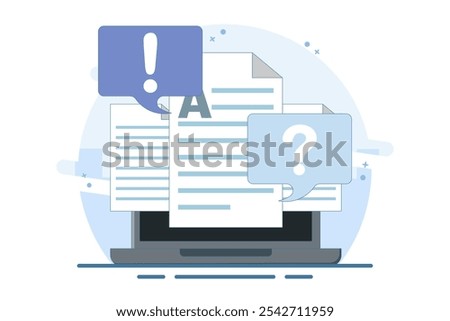 Concept Document file paper collaboration review comment. question mark and exclamation mark discussion about writing text content image clipart. illustration icon vector graphic flat.