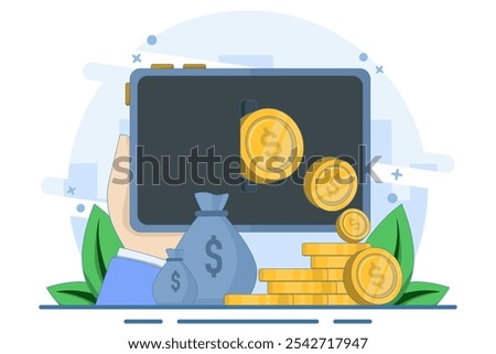 Financial concept of online income, financial success, investment, trading. Work and earn money on computer. Gold coins on device screen with pencil, digital marketing. Flat vector illustration.