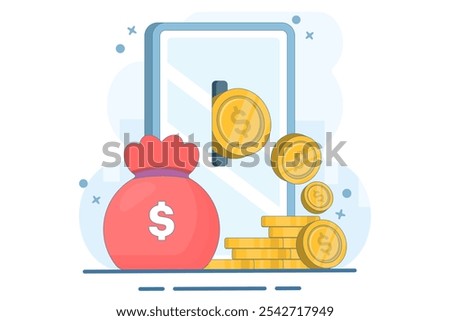 Financial concept of online income, financial success, investment, trading. Work and earn money on computer. Gold coins on device screen with pencil, digital marketing. Flat vector illustration.