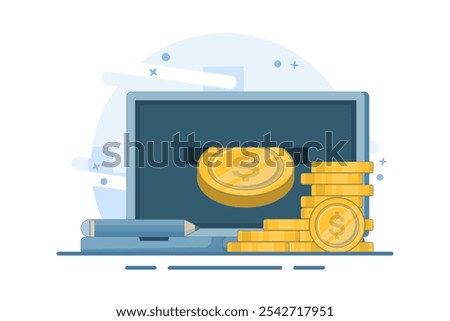 Financial concept of online income, financial success, investment, trading. Work and earn money on computer. Gold coins on device screen with pencil, digital marketing. Flat vector illustration.