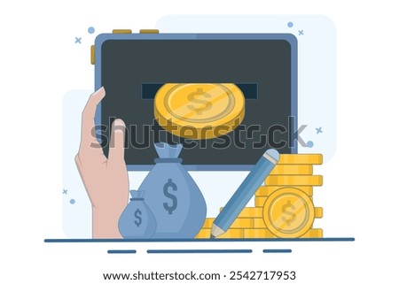 Financial concept of online income, financial success, investment, trading. Work and earn money on computer. Gold coins on device screen with pencil, digital marketing. Flat vector illustration.