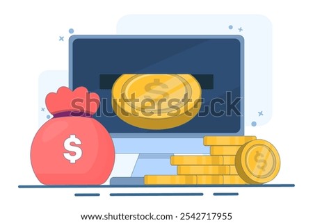 Financial concept of online income, financial success, investment, trading. Work and earn money on computer. Gold coins on device screen with pencil, digital marketing. Flat vector illustration.