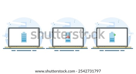 Laptop battery energy level indicator concept, low battery level, battery charging, fully charged battery. Flat vector illustration on isolated white background.