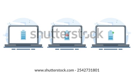 Laptop battery energy level indicator concept, low battery level, battery charging, fully charged battery. Flat vector illustration on isolated white background.