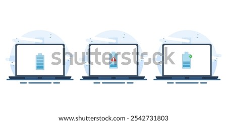 Laptop battery energy level indicator concept, low battery level, battery charging, fully charged battery. Flat vector illustration on isolated white background.