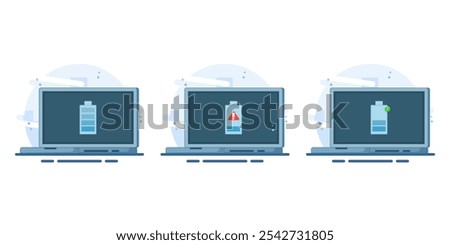 Laptop battery energy level indicator concept, low battery level, battery charging, fully charged battery. Flat vector illustration on isolated white background.