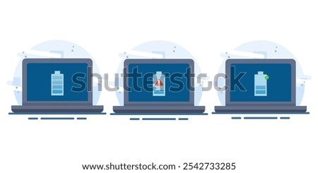 Laptop battery energy level indicator concept, low battery level, battery charging, fully charged battery. Flat vector illustration on isolated white background.