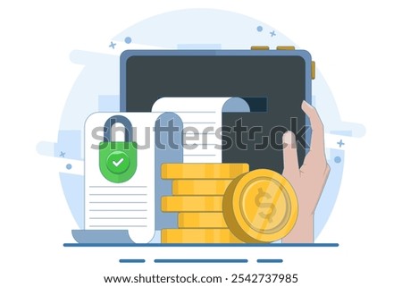 Concept of secure private key document for money as deposit slip agreement or cash income guarantee, privacy protection padlock on stack of coins, closed access permission.