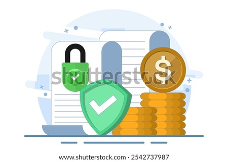 Concept of secure private key document for money as deposit slip agreement or cash income guarantee, privacy protection padlock on stack of coins, closed access permission.