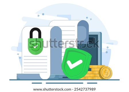 Concept of secure private key document for money as deposit slip agreement or cash income guarantee, privacy protection padlock on stack of coins, closed access permission.