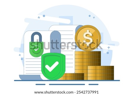 Concept of secure private key document for money as deposit slip agreement or cash income guarantee, privacy protection padlock on stack of coins, closed access permission.