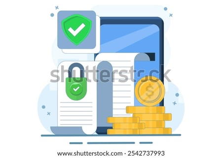 Concept of secure private key document for money as deposit slip agreement or cash income guarantee, privacy protection padlock on stack of coins, closed access permission.