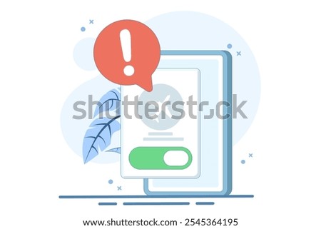 Airplane mode concept, Airplane mode warning on screen, smartphone or tablet, flat cartoon illustration of warning, isolated phone or tablet flight info notification.