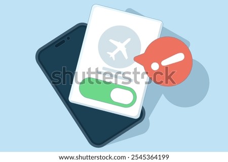 Airplane mode concept, Airplane mode warning on screen, smartphone or tablet, flat cartoon illustration of warning, isolated phone or tablet flight info notification.