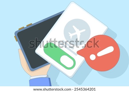 Airplane mode concept, Airplane mode warning on screen, smartphone or tablet, flat cartoon illustration of warning, isolated phone or tablet flight info notification.