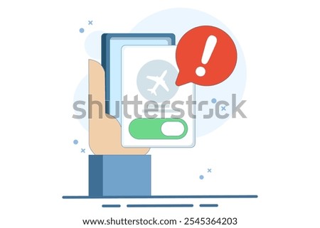 Airplane mode concept, Airplane mode warning on screen, smartphone or tablet, flat cartoon illustration of warning, isolated phone or tablet flight info notification.