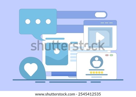 Concept of reading website content based on audience, Content ranking, Content marketing in search engines, Social media content with likes, shares and comments. Vector illustration background.