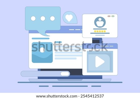 Concept of reading website content based on audience, Content ranking, Content marketing in search engines, Social media content with likes, shares and comments. Vector illustration background.