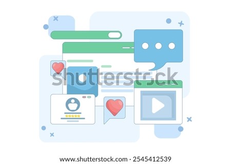 Concept of reading website content based on audience, Content ranking, Content marketing in search engines, Social media content with likes, shares and comments. Vector illustration background.