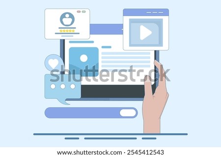 Concept of reading website content based on audience, Content ranking, Content marketing in search engines, Social media content with likes, shares and comments. Vector illustration background.