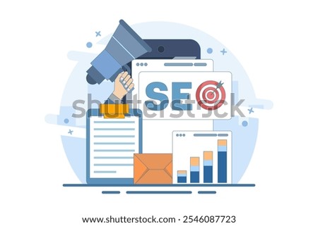 SEO Search Engine Optimization Concept. Conceptual SEO analysis and optimization, SEO strategy and marketing vector illustration for website. Modern flat design template.