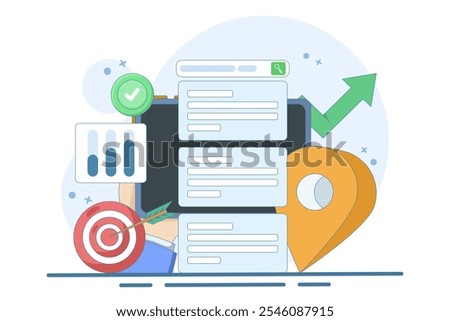 Online information search concept. Search engine on smart device screen with local pin location icon and target. SEO Optimization Marketing Strategy. Flat vector illustration on background.