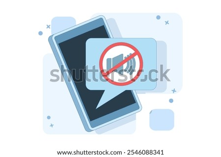 Concept of mute mode sign for mobile phone, no sound sign, flat cartoon volume off for smart phone, silent zone symbol of mobile phone. Isolated flat vector illustration.