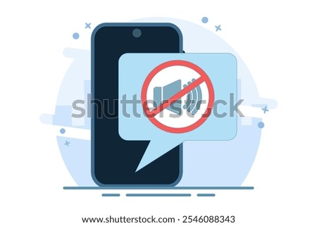 Concept of mute mode sign for mobile phone, no sound sign, flat cartoon volume off for smart phone, silent zone symbol of mobile phone. Isolated flat vector illustration.