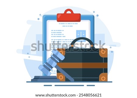 Lawyer document bag concept, business law portfolio clip art illustration, legal jurisprudence contract policy document, case bag with corporate office permit form isolated. Vector icon.