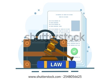 Lawyer document bag concept, business law portfolio clip art illustration, legal jurisprudence contract policy document, case bag with corporate office permit form isolated. Vector icon.