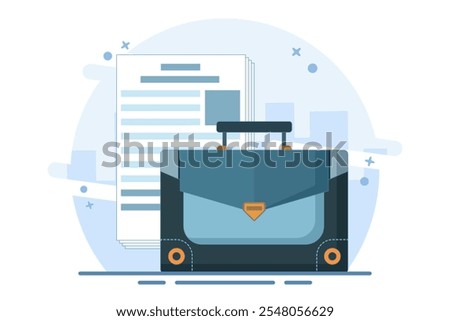 Lawyer document bag concept, business law portfolio clip art illustration, legal jurisprudence contract policy document, case bag with corporate office permit form isolated. Vector icon.