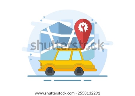 Car repair service location map concept, pin pointer marker, graphic icon or car repair point for car maintenance diagnostic with wrench and gear. Flat vector illustration on background.