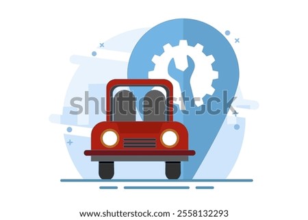 Car repair service location map concept, pin pointer marker, graphic icon or car repair point for car maintenance diagnostic with wrench and gear. Flat vector illustration on background.