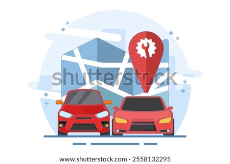 Car repair service location map concept, pin pointer marker, graphic icon or car repair point for car maintenance diagnostic with wrench and gear. Flat vector illustration on background.