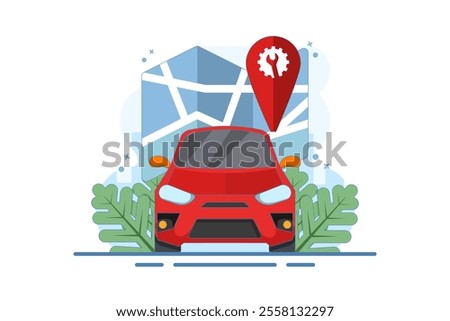 Car repair service location map concept, pin pointer marker, graphic icon or car repair point for car maintenance diagnostic with wrench and gear. Flat vector illustration on background.