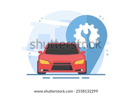 Car repair service location map concept, pin pointer marker, graphic icon or car repair point for car maintenance diagnostic with wrench and gear. Flat vector illustration on background.