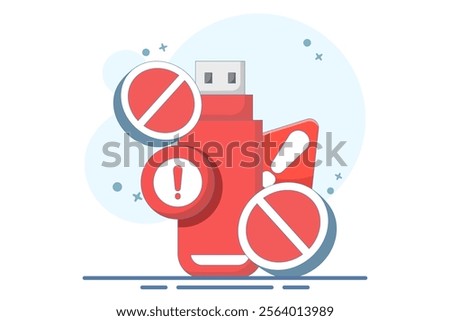 dangerous flashdisk or USB flash drive concept. flashdisk with exclamation mark. safety and security warning. be careful. icon or symbol. minimalist style design. vector illustration.