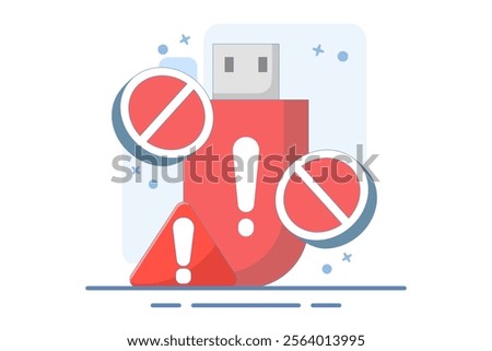 dangerous flashdisk or USB flash drive concept. flashdisk with exclamation mark. safety and security warning. be careful. icon or symbol. minimalist style design. vector illustration.