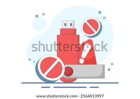 dangerous flashdisk or USB flash drive concept. flashdisk with exclamation mark. safety and security warning. be careful. icon or symbol. minimalist style design. vector illustration.