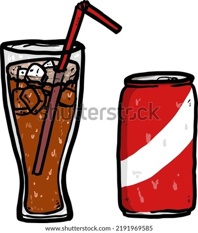 soft drink,soda, cola, coke in glass and bottle can. vector illustration with hand draw cartoon style