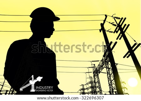 illustration with builder and crane silhouettes.Power line and engineers in front of it vector background