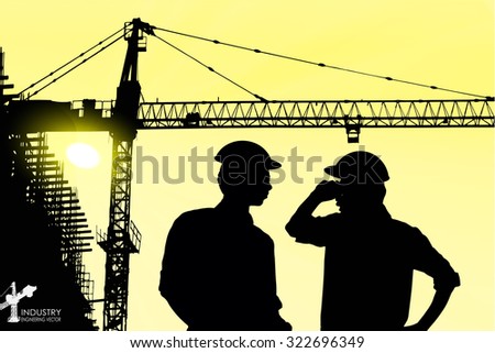 illustration with builder and crane silhouettes.Power line and engineers in front of it vector background