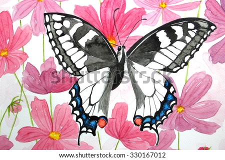 hand drawing pink flowers and butterfly backgrounds, watercolor painting flowers, flowers backgrounds, Cosmos flowers