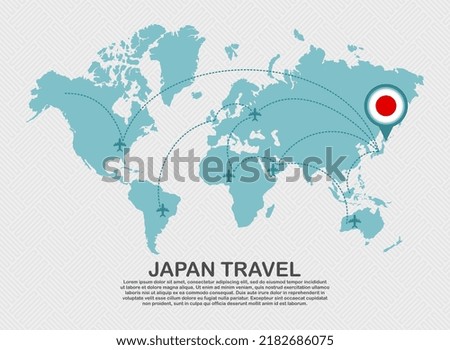 Travel to Japan poster with world map and flying plane route business background tourism destination concept