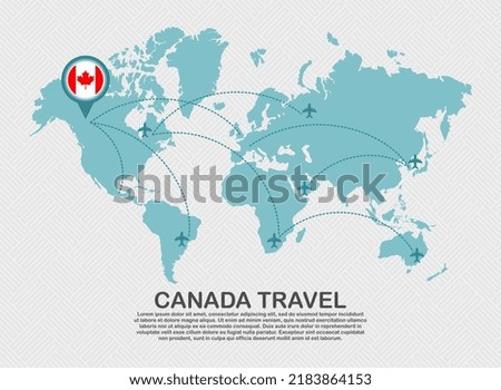 Travel to Canada poster with world map and flying plane route business background tourism destination concept