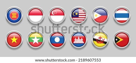 SOUTHEAST ASIA Flags Set Collection 3D round flag, badge flag, Brunei Darussalam, Cambodia, Indonesia, Laos, Malaysia, Myanmar, Philippines, Singapore, Thailand, Timor Leste, Vietnam Foto stock © 