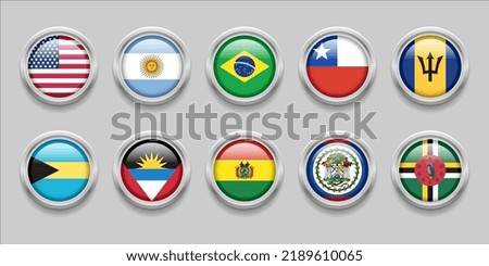 America Continent Flags Set Collection 3D round flag, badge flag, United States, Antigua-Barbuda, Argentina, Bahamas, Barbados, Belize, Bolivia, Brazil, Chile, Dominica