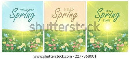 WELCOME SPRING, grass and flowers, Easter greeting card element, Park decoration background with spring grass and meadow flowers for spring sale, banner, poster, cover, templates, social media, feed